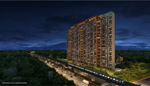 The welcoming grand entrance gate and beautifully landscaped driveway at the Godrej Vanantara residential property.